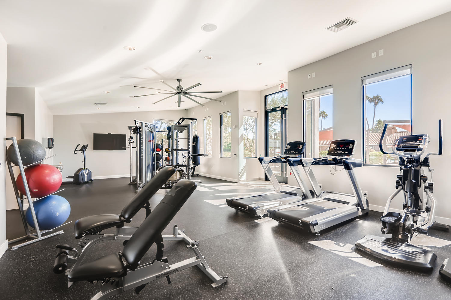 Fitness center with cardio and strength training equipment