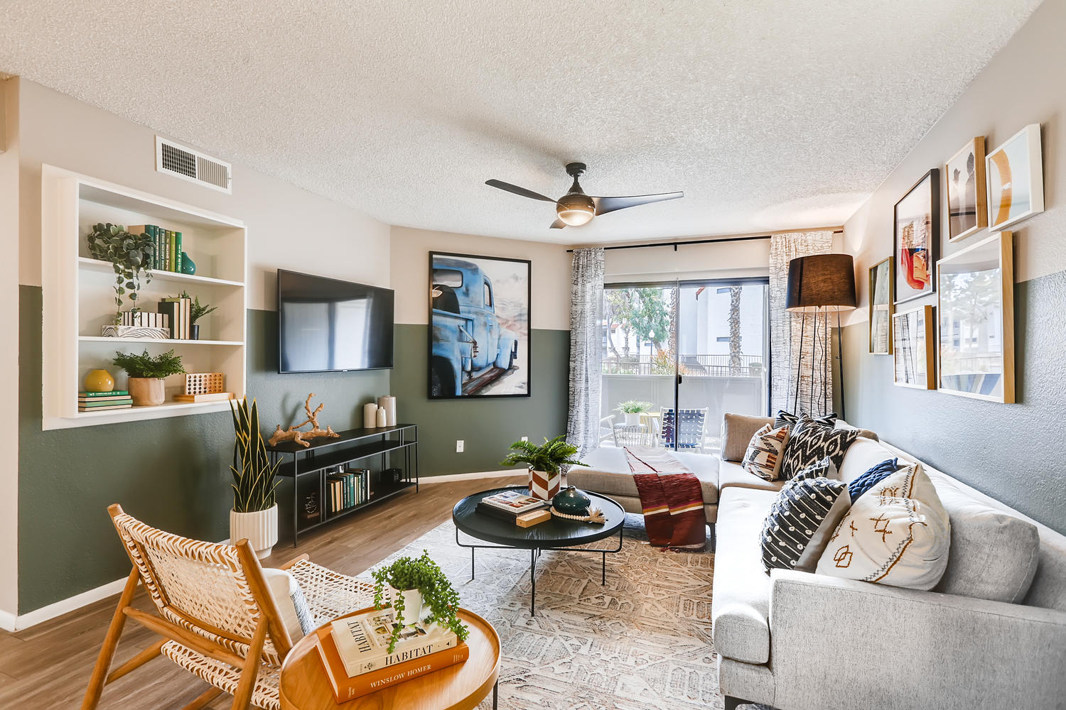 Living area with glass patio doors